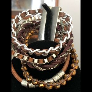 Edgy brown, copper and silver leather bracelet.